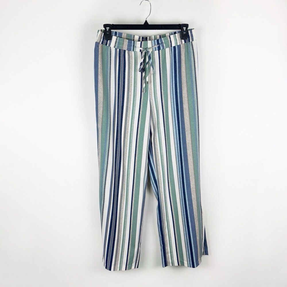 C Est 1946 Women's Blue White Gray Striped Stretch Pull On Wide Leg Pants Large - Picture 2 of 16